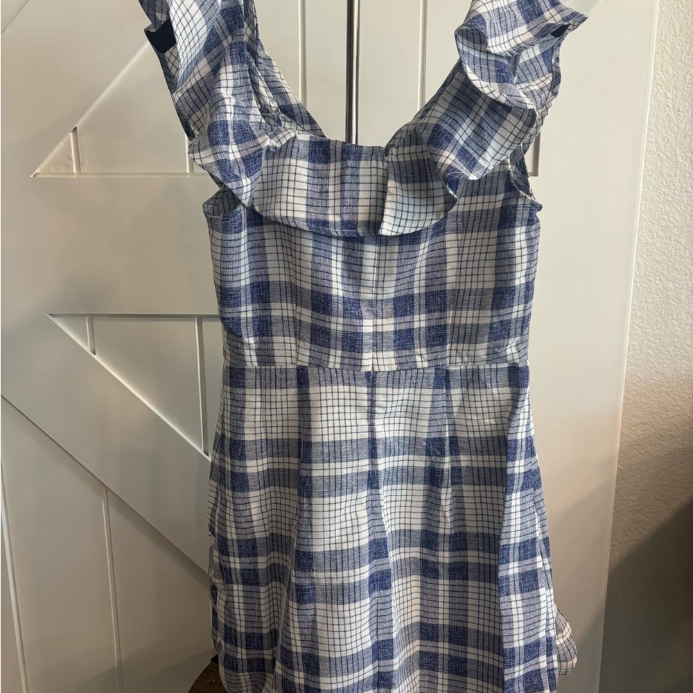 Endless Rose One Shoulder Ruffle Mini Dress Blue White Plaid Asymmetrical S NWT - Picture 4 of 7